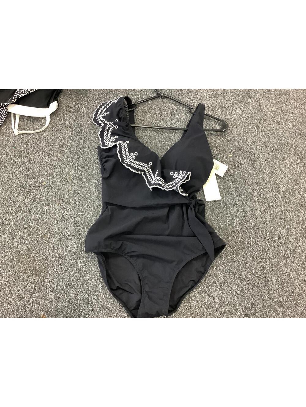 Gottex Black One Shoulder One Piece Swimsuit with White Embroidery